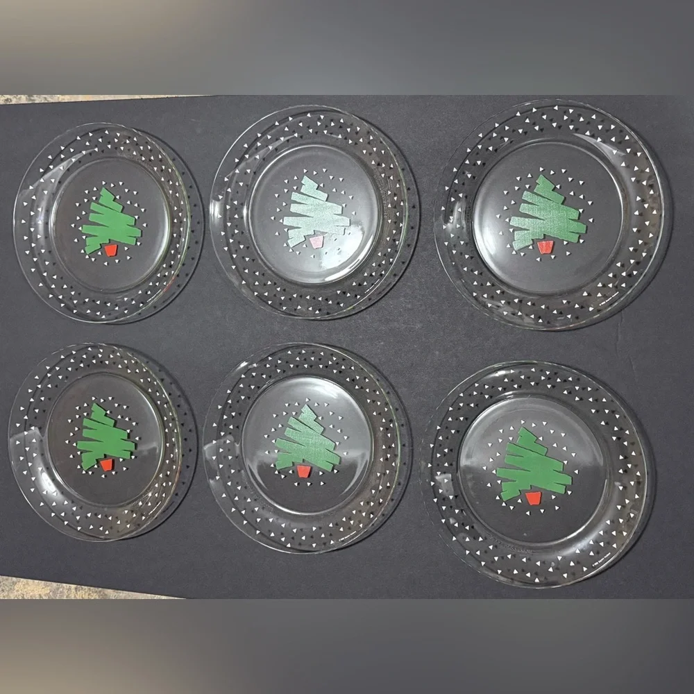 Arcoroc France 1988 6Pc Christmas Tree Confetti 8” Clear Glass Plates - Vintage